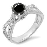 1.14 Carat (ctw) 10K White Gold Round Black & White Diamond Ladies Engagement Bridal Split Shank Ring; 0.74 CT center
