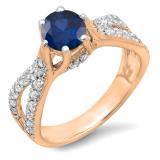 1.14 Carat (ctw) 18K Rose Gold Round Blue Sapphire & White Diamond Ladies Engagement Bridal Split Shank Ring; 0.74 CT center
