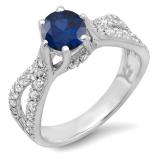 1.14 Carat (ctw) 18K White Gold Round Blue Sapphire & White Diamond Ladies Engagement Bridal Split Shank Ring; 0.74 CT center
