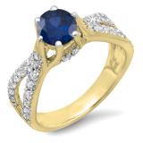 1.14 Carat (ctw) 18K Yellow Gold Round Blue Sapphire & White Diamond Ladies Engagement Bridal Split Shank Ring; 0.74 CT center