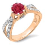1.14 Carat (ctw) 18K Rose Gold Round Red Ruby & White Diamond Ladies Engagement Bridal Split Shank Ring; 0.74 CT center