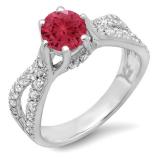 1.14 Carat (ctw) 18K White Gold Round Red Ruby & White Diamond Ladies Engagement Bridal Split Shank Ring; 0.74 CT center