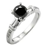 1.33 Carat (ctw) 18K White Gold Round & Baguette Black & White Diamond Ladies Bridal Engagement Ring