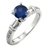 1.33 Carat (ctw) 10K White Gold Round & Baguette Blue Sapphire & White Diamond Ladies Bridal Engagement Ring