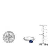 1.33 Carat (ctw) 10K White Gold Round & Baguette Blue Sapphire & White Diamond Ladies Bridal Engagement Ring