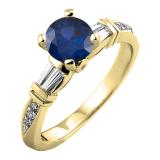 1.33 Carat (ctw) 10K Yellow Gold Round & Baguette Blue Sapphire & White Diamond Ladies Bridal Engagement Ring