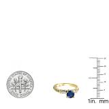 1.33 Carat (ctw) 10K Yellow Gold Round & Baguette Blue Sapphire & White Diamond Ladies Bridal Engagement Ring