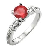 1.33 Carat (ctw) 10K White Gold Round & Baguette Red Ruby & White Diamond Ladies Bridal Engagement Ring