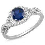 1.00 Carat (ctw) 14K White Gold Round Blue Sapphire & White Diamond Ladies Swirl Split Shank Halo Engagement Ring 1 CT