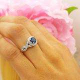 1.00 Carat (ctw) 14K White Gold Round Blue Sapphire & White Diamond Ladies Swirl Split Shank Halo Engagement Ring 1 CT