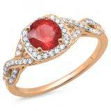 1.00 Carat (ctw) 14K Rose Gold Round Red Ruby & White Diamond Ladies Swirl Split Shank Halo Engagement Ring 1 CT