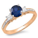 1.35 Carat (ctw) 14K Rose Gold Princess & Round Blue Sapphire & White Diamond Ladies Bridal 3 Stone Engagement Ring
