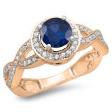 1.50 Carat (ctw) 10K Rose Gold Round White Diamond & Blue Sapphire Ladies Bridal Split Shank Halo Engagement Ring 1 1/2 CT