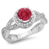 1.50 Carat (ctw) 10K White Gold Round White Diamond & Red Ruby Ladies Bridal Split Shank Halo Engagement Ring 1 1/2 CT