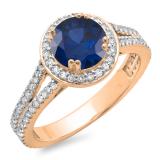 1.50 Carat (ctw) 10K Rose Gold Round Cut Blue Sapphire & White Diamond Ladies Bridal Split Shank Halo Engagement Ring 1 1/2 CT