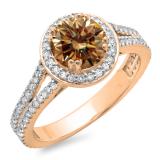 1.50 Carat (ctw) 10K Rose Gold Round Cut Champagne & White Diamond Ladies Bridal Split Shank Halo Engagement Ring 1 1/2 CT