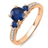 1.33 Carat (ctw) 10K Rose Gold Round White Diamond & Blue Sapphire Ladies Bridal 3 Stone Engagement Ring