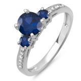 1.33 Carat (ctw) 14K White Gold Round White Diamond & Blue Sapphire Ladies Bridal 3 Stone Engagement Ring