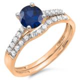 1.25 Carat (ctw) 10K Rose Gold Round White Diamond & Blue Sapphire Ladies Bridal Engagement Ring Matching Band Wedding Sets 1 1/4 CT