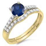 1.25 Carat (ctw) 10K Yellow Gold Round White Diamond & Blue Sapphire Ladies Bridal Engagement Ring Matching Band Wedding Sets 1 1/4 CT