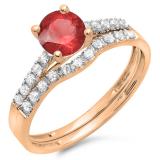 1.25 Carat (ctw) 18K Rose Gold Round White Diamond & Red Ruby Ladies Bridal Engagement Ring Matching Band Wedding Sets 1 1/4 CT