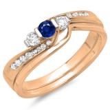 0.45 Carat (ctw) 10K Rose Gold Round Blue Sapphire & White Diamond Ladies Swirl Bridal 3 Stone Engagement Ring With Matching Band Set 1/2 CT