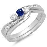 0.45 Carat (ctw) 10K White Gold Round Blue Sapphire & White Diamond Ladies Swirl Bridal 3 Stone Engagement Ring With Matching Band Set 1/2 CT