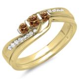 0.45 Carat (ctw) 14K Yellow Gold Round Champagne & White Diamond Ladies Swirl Bridal 3 Stone Engagement Ring With Matching Band Set 1/2 CT