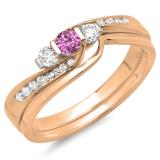 0.45 Carat (ctw) 10K Rose Gold Round Pink Sapphire & White Diamond Ladies Swirl Bridal 3 Stone Engagement Ring With Matching Band Set 1/2 CT