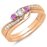 0.45 Carat (ctw) 10K Rose Gold Round Pink Sapphire & White Diamond Ladies Swirl Bridal 3 Stone Engagement Ring With Matching Band Set 1/2 CT