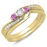 0.45 Carat (ctw) 10K Yellow Gold Round Pink Sapphire & White Diamond Ladies Swirl Bridal 3 Stone Engagement Ring With Matching Band Set 1/2 CT