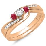 0.45 Carat (ctw) 10K Rose Gold Round Red Ruby & White Diamond Ladies Swirl Bridal 3 Stone Engagement Ring With Matching Band Set 1/2 CT
