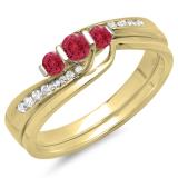 0.45 Carat (ctw) 10K Yellow Gold Round Red Ruby & White Diamond Ladies Swirl Bridal 3 Stone Engagement Ring With Matching Band Set 1/2 CT