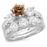 3.10 Carat (ctw) 10K White Gold Round Champagne & White Diamond Ladies Bridal 3 Stone Engagement Ring With Matching Band Set 3 1/10 CT