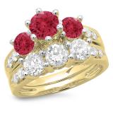 3.10 Carat (ctw) 10K Yellow Gold Round Red Ruby & White Diamond Ladies Bridal 3 Stone Engagement Ring With Matching Band Set 3 1/10 CT