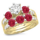 3.10 Carat (ctw) 18K Yellow Gold Round Red Ruby & White Diamond Ladies Bridal 3 Stone Engagement Ring With Matching Band Set 3 1/10 CT