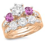 3.10 Carat (ctw) 10K Rose Gold Round Pink Sapphire & White Diamond Ladies Bridal 3 Stone Engagement Ring With Matching Band Set 3 1/10 CT