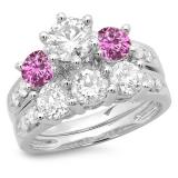3.10 Carat (ctw) 10K White Gold Round Pink Sapphire & White Diamond Ladies Bridal 3 Stone Engagement Ring With Matching Band Set 3 1/10 CT