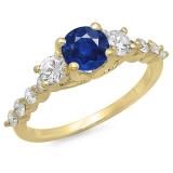 1.50 Carat (ctw) 10K Yellow Gold Round Blue Sapphire & White Diamond Ladies Bridal 3 Stone Engagement Ring 1 1/2 CT