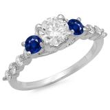1.50 Carat (ctw) 10K White Gold Round Blue Sapphire & White Diamond Ladies Bridal 3 Stone Engagement Ring 1 1/2 CT