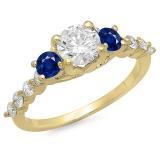1.50 Carat (ctw) 10K Yellow Gold Round Blue Sapphire & White Diamond Ladies Bridal 3 Stone Engagement Ring 1 1/2 CT