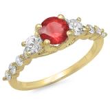 1.50 Carat (ctw) 14K Yellow Gold Round Red Ruby & White Diamond Ladies Bridal 3 Stone Engagement Ring 1 1/2 CT