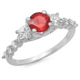 1.50 Carat (ctw) 18K White Gold Round Red Ruby & White Diamond Ladies Bridal 3 Stone Engagement Ring 1 1/2 CT
