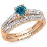1.00 Carat (ctw) 10K Rose Gold Round Blue & White Diamond Ladies Bridal Engagement Ring With Matching Band Set 1 CT