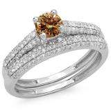 1.00 Carat (ctw) 18K White Gold Round Champagne & White Diamond Ladies Bridal Engagement Ring With Matching Band Set 1 CT
