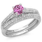 1.00 Carat (ctw) 14K White Gold Round Pink Sapphire & White Diamond Ladies Bridal Engagement Ring With Matching Band Set 1 CT