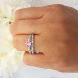1.00 Carat (ctw) 14K White Gold Round Pink Sapphire & White Diamond Ladies Bridal Engagement Ring With Matching Band Set 1 CT
