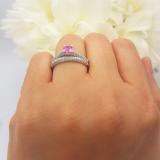 1.00 Carat (ctw) 14K White Gold Round Pink Sapphire & White Diamond Ladies Bridal Engagement Ring With Matching Band Set 1 CT