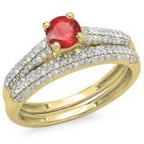 1.00 Carat (ctw) 10K Yellow Gold Round Red Ruby & White Diamond Ladies Bridal Engagement Ring With Matching Band Set 1 CT