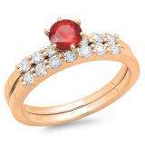 1.00 Carat (ctw) 10K Rose Gold Round Red Ruby & White Diamond Ladies Bridal Engagement Ring With Matching Band Set 1 CT